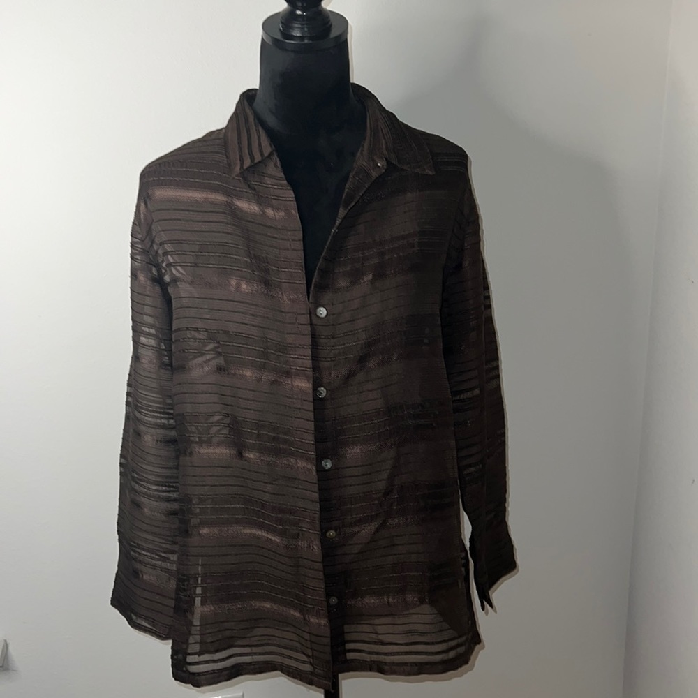 Chico’s Design brown buttoned‎ down sheer blouse top Sz M